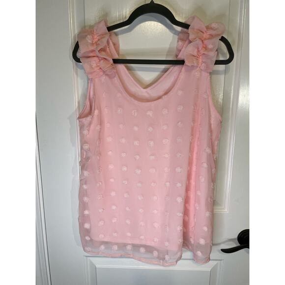 Boutique Womens Pink v neck blouse top size L ruffle sleeves polka dot print - Picture 6 of 10
